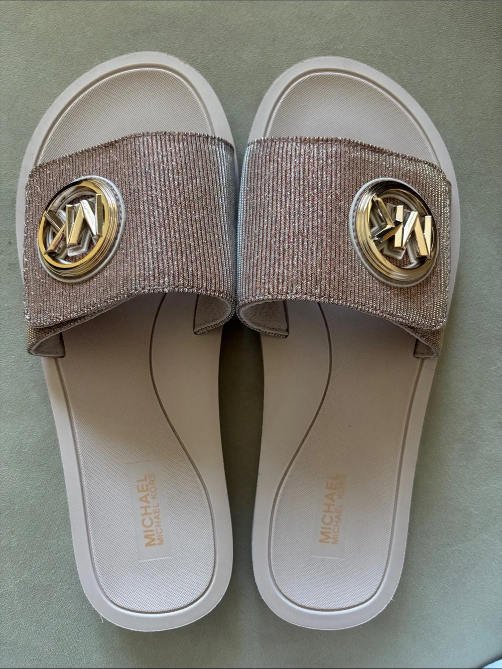 Michael Kors Eva Slide Sandals Rose Gold MK Emblem Adjustable New Glitter size 9